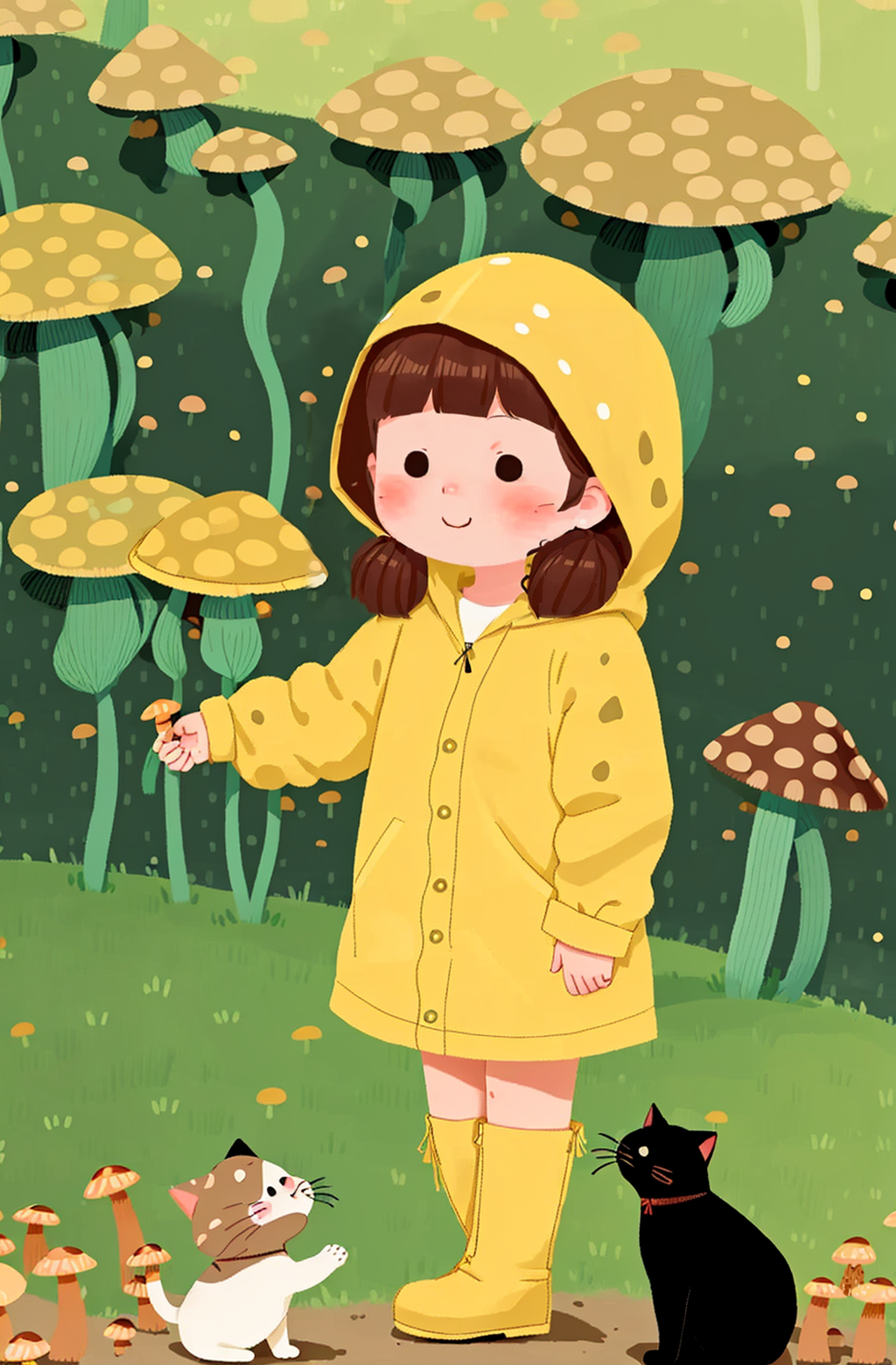 02243-3002539489-1girl, brown hair, outdoors, cat, raincoat, flower, solo, blush stickers, yellow raincoat, mushroom, plant, day, boots, standing.png